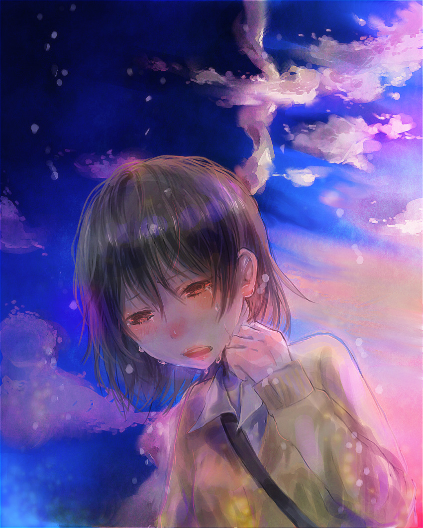 aotsuki-a, blush, cloud, clouds, highres, outdoors, outside, short_hair, sky, sumita_kanae, tears