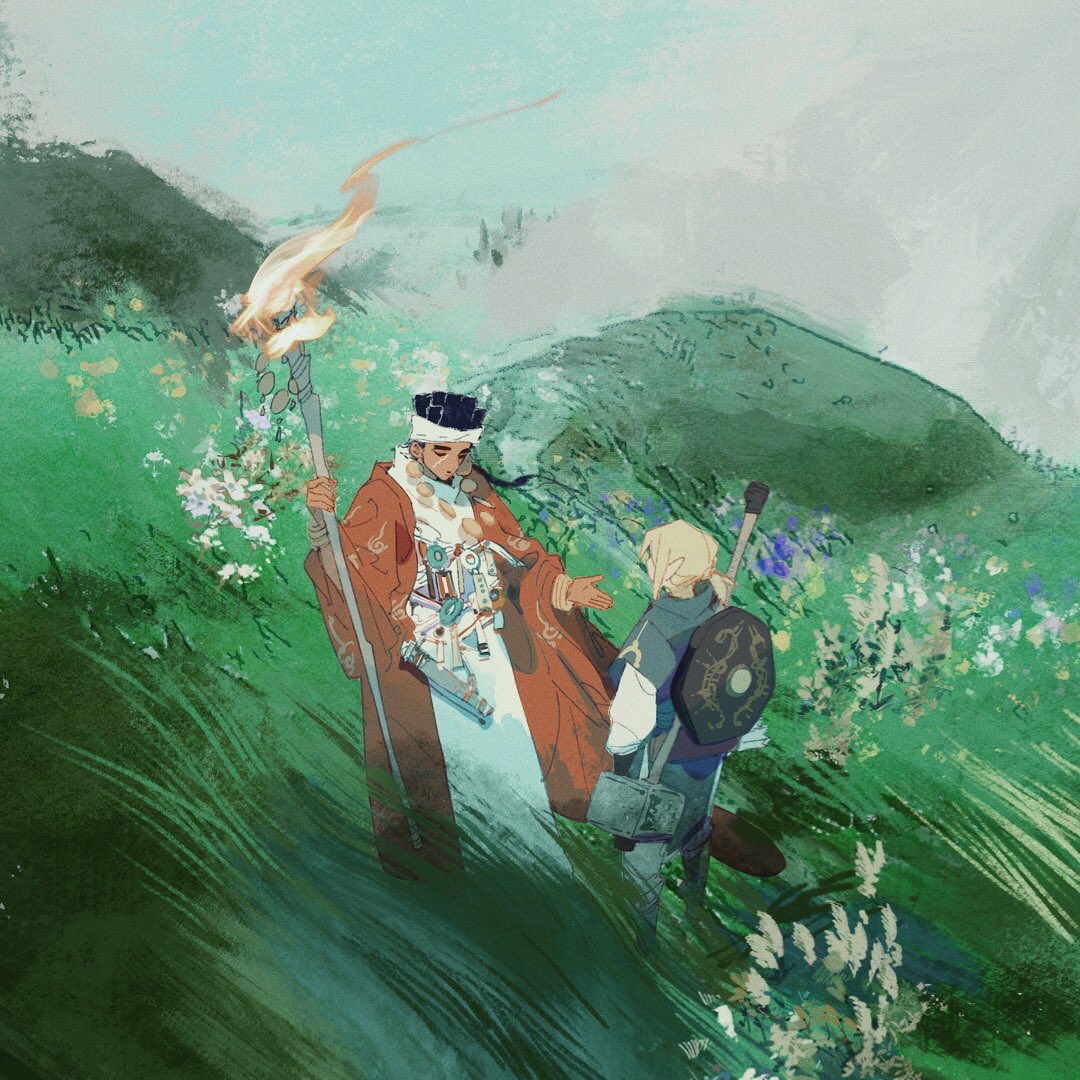 2boys, beckoning, blue_shirt, bracelet, closed_eyes, coat, coin_(ornament), commentary, crossover, day, earrings, english_commentary, facing_another, field, fire, floating_hair, flower, grass, headband, holding, holding_torch, jewelry, jojo_no_kimyou_na_bouken, layered_sleeves, link, long_hair, long_sleeves, male_focus, mohammed_avdol, mr_sangel, multiple_boys, nature, necklace, o-ring, outdoors, pointy_ears, ponytail, red_coat, robe, scar, scar_on_face, shield, shield_on_back, shirt, short_hair, short_over_long_sleeves, short_sleeves, sidelocks, stardust_crusaders, the_legend_of_zelda, torch, weapon, weapon_on_back, white_robe, white_shirt, wide_sleeves, wind