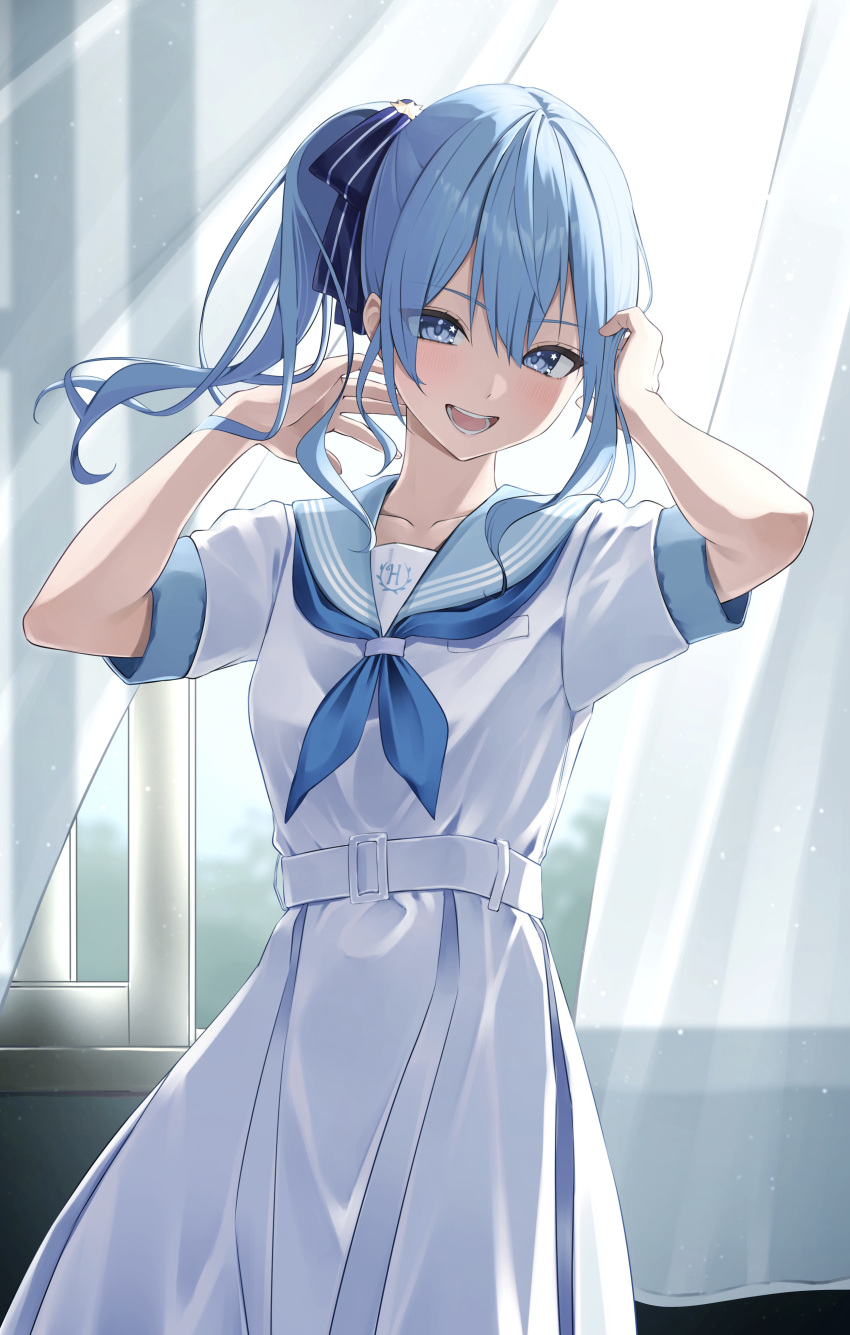 1girl, absurdres, asymmetrical_hair, belt, blue_eyes, blue_hair, blue_neckerchief, blush