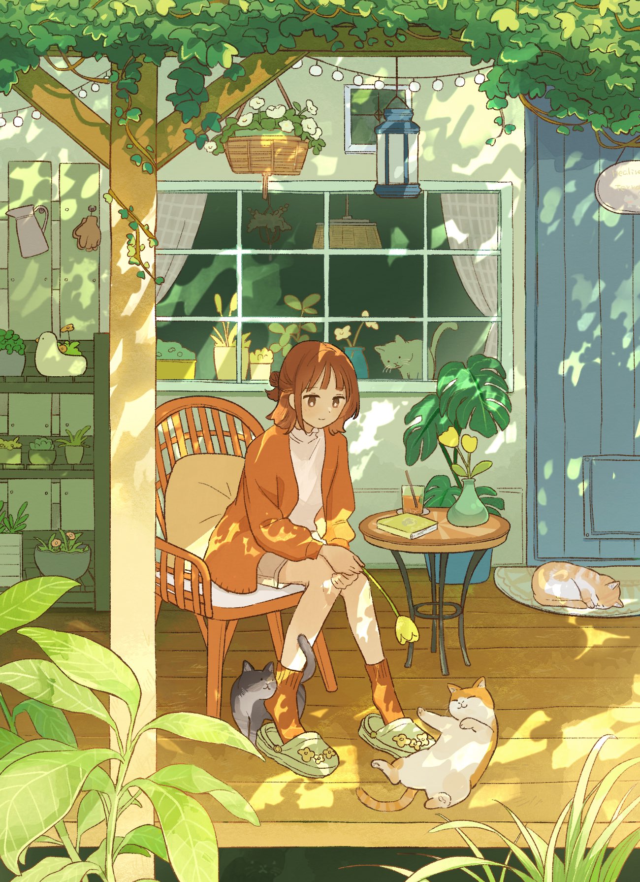 1girl, animal_ears, brown_eyes, brown_hair, cat, chair, commentary, cup