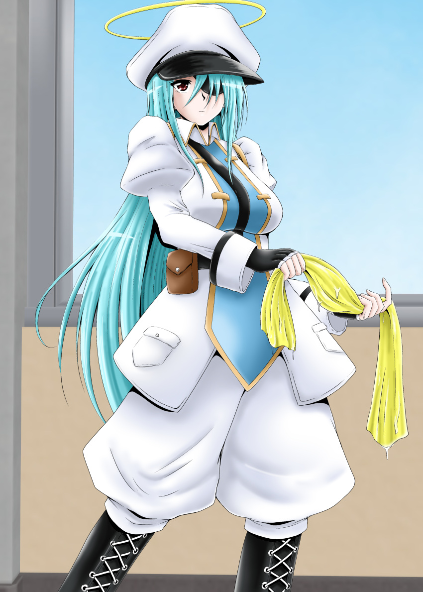 1girl, absurdres, angel, blue_hair, bokusatsu_tenshi_dokuro-chan, breasts, eyepatch, fingerless_gloves