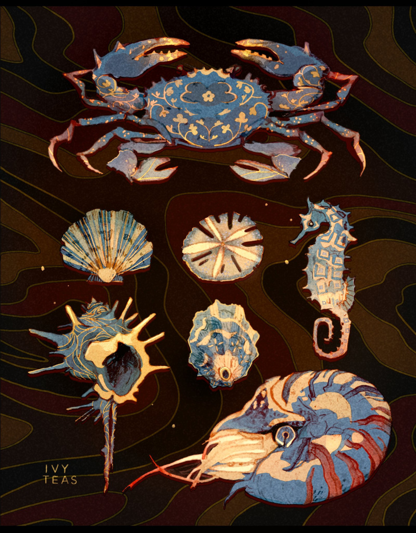 animal_focus, artist_name, brown_background, commentary, conch, crab, english_commentary, fish