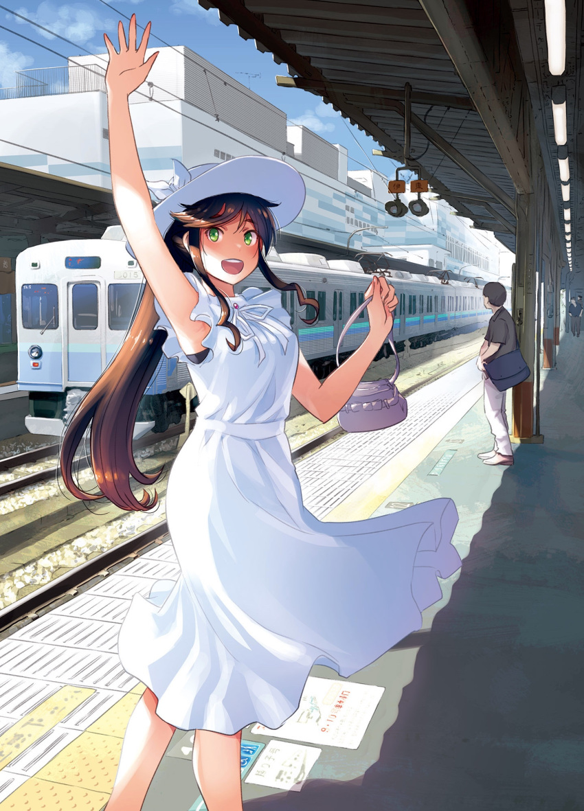 1girl, 3boys, arm_up, armpits, bag, black_bra, bra, bra_peek, breasts, brown_hair, building, copyright_request, day, dress, feet_out_of_frame, green_eyes, hand_up, handbag, hat, hattori_mitsuru, highres, holding, holding_bag, kinme_wakana, kirei_ni_shitemoraemasuka, long_hair, looking_at_viewer, looking_to_the_side, multiple_boys, open_mouth, outdoors, overhead_line, ponytail, purple_bag, railroad_signal, railroad_tracks, sky, sleeveless, small_breasts, solo_focus, standing, sun_hat, sundress, tactile_paving, teeth, train, train_station, train_station_platform, underwear, upper_teeth_only, white_dress