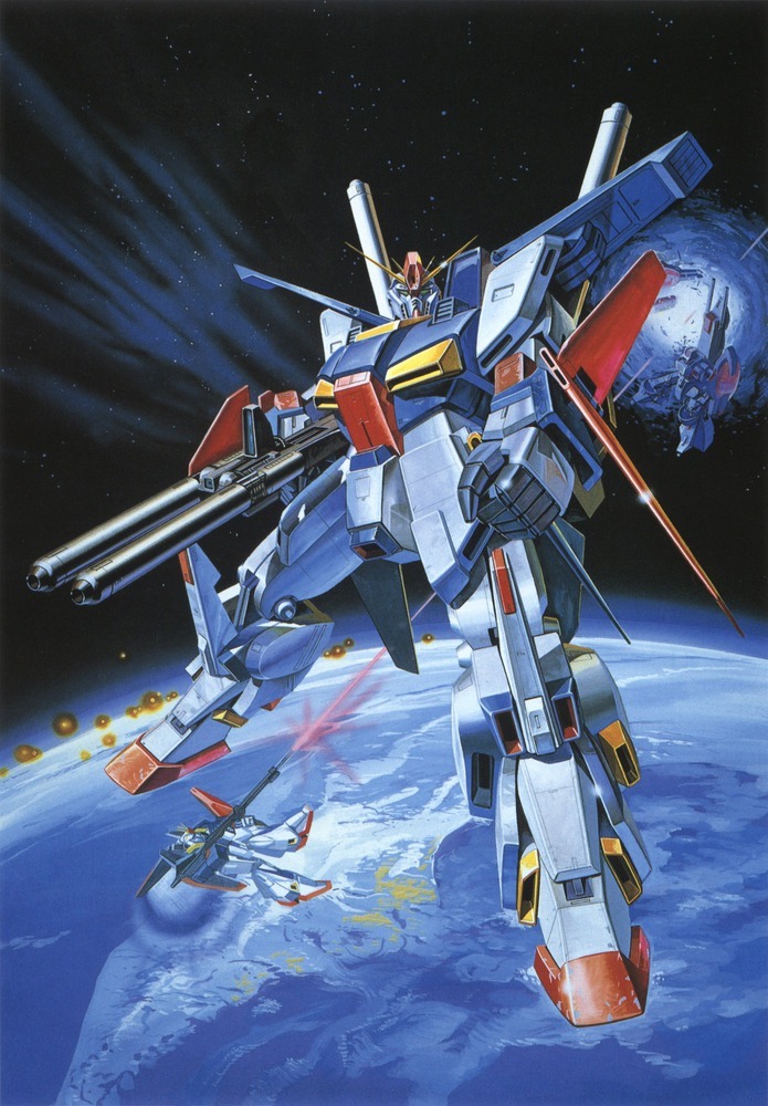 1980s_(style), arm_cannon, artist_request, battle, beam_cannon, beam_rifle, clouds, damaged, debris, destruction, earth_(planet), energy_cannon, energy_gun, firing, gaza-d, gundam, gundam_zz, hasegawa_masayuki, in_orbit, machinery, mecha, milky_way, mobile_suit, nebula, ocean, official_art, painting_(medium), planet, promotional_art, retro_artstyle, robot, scan, shield, space, star_(sky), starry_background, traditional_media, weapon, zero_gravity, zeta_gundam_(mobile_suit), zz_gundam