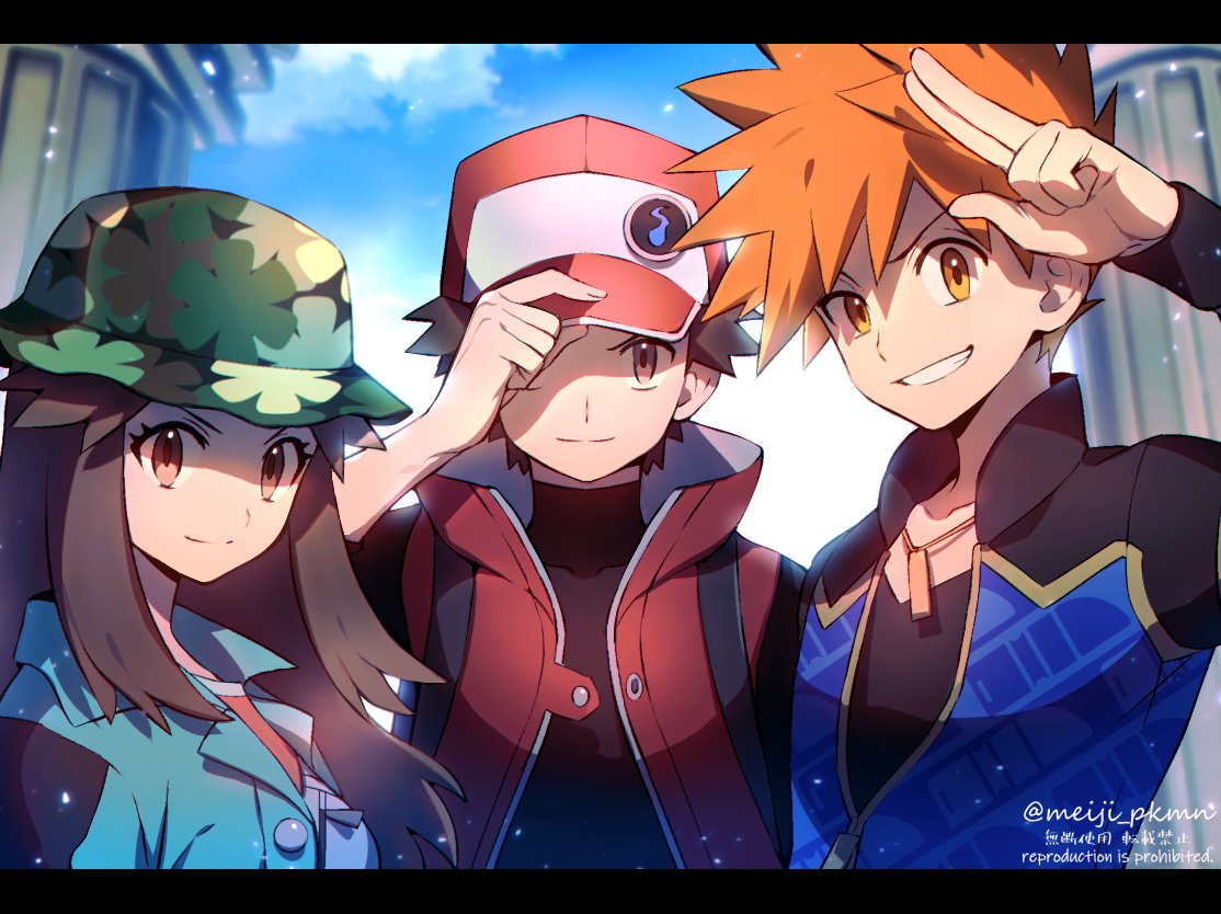 1girl, 2boys, adjusting_clothes, adjusting_headwear, baseball_cap, black_wristband, blue_jacket, blue_oak