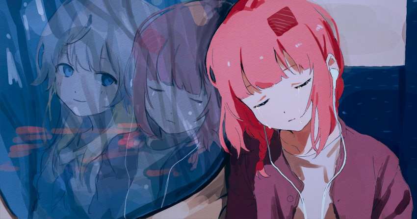 blonde_hair, blue_eyes, braid, closed_mouth, collarbone, crying, different_reflection, earphones