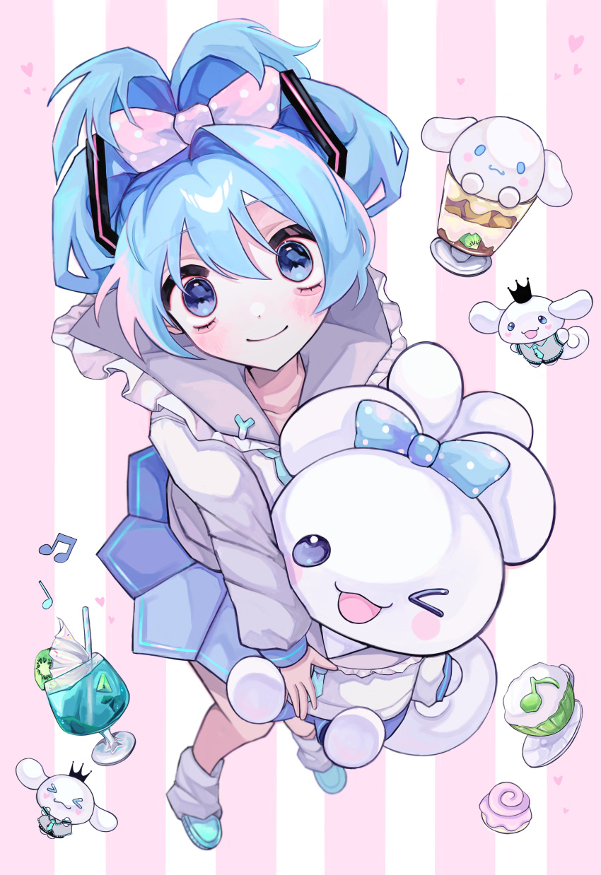 1girl, absurdres, animal, aqua_bow, aqua_footwear, aqua_hair, black_crown_(object), blue_eyes, blue_shorts, blue_skirt, bow, cinnamiku, cinnamoroll, closed_mouth, cup, drinking_straw, food, frilled_sailor_collar, frills, from_above, fruit, grey_sailor_collar, grey_shirt, hair_between_eyes, hair_bow, hair_ornament, hatsune_miku, heart, highres, holding, holding_animal, kiwi_(fruit), kiwi_slice, leg_warmers, long_sleeves, looking_at_viewer, multicolored_hair, musical_note, pink_background, pink_bow, pink_hair, polka_dot, polka_dot_bow, sailor_collar, sanrio, shirt, shizumu_(shi_zumu), shorts, skirt, smile, solo, spring_onion, streaked_hair, striped_background, updo, vocaloid, whipped_cream, white_background, white_leg_warmers