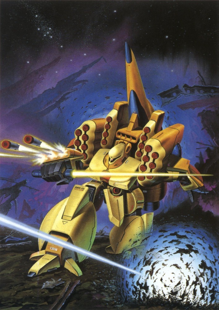 1980s_(style), battle, beam_saber, energy_beam, explosion, firing, gundam, gundam_zz, hasegawa_masayuki, mecha, mecha_focus, missile, missile_pod, mobile_suit, neo_zeon, no_humans, official_art, production_art, promotional_art, retro_artstyle, robot, scan, science_fiction, starry_background, zssa
