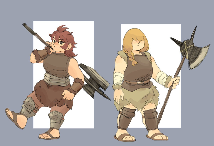 2girls, arm_guards, arm_wrap, armor, axe, battle_axe, belt, blonde_hair, braid, chicken0205, closed_mouth, covered_eyes, dia_(dungeon_meshi), dungeon_meshi, dwarf, flip-flops, full_body, hair_over_eyes, hair_over_shoulder, hand_up, holding, holding_weapon, long_hair, looking_at_viewer, medium_hair, multiple_girls, namari_(dungeon_meshi), outside_border, pants, pelt, plate_armor, red_pants, redhead, sand, sandals, shin_guards, sleeveless, standing, standing_on_one_leg, weapon