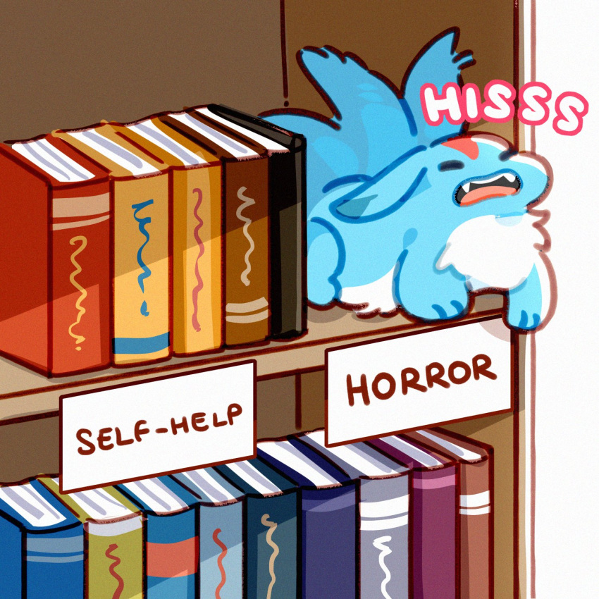 blue_fur, book, bookshelf, carbuncle_(final_fantasy), closed_eyes, english_text, fenrishion, final_fantasy, final_fantasy_xiv, highres, hissing, no_humans, open_mouth, sign, teeth, two-tone_fur, upper_teeth_only, white_fur
