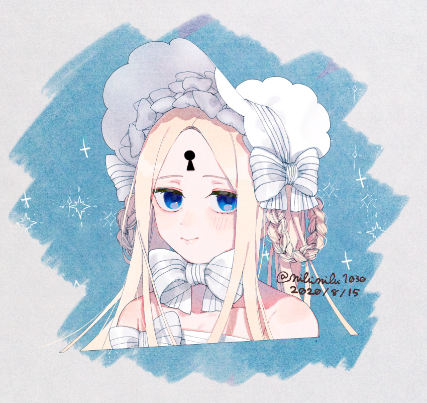 1girl, abigail_williams_(fate), abigail_williams_(swimsuit_foreigner)_(fate), abigail_williams_(swimsuit_foreigner)_(third_ascension)_(fate), bare_shoulders, blonde_hair, blue_background, blue_eyes