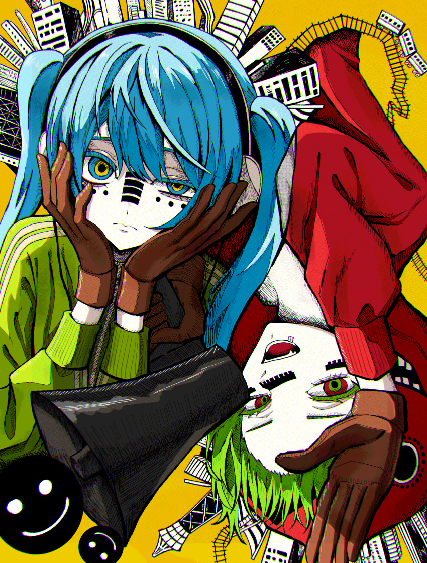 2girls, absurdres, aqua_eyes, aqua_hair, black_headphones, brown_gloves, closed_mouth, colored_eyelashes, colored_skin, facial_mark, fang, gloves, green_hair, green_hoodie, gumi, hair_between_eyes, hand_up, hands_on_own_face, hatsune_miku, headphones, highres, holding, holding_megaphone, hood, hood_down, hood_up, hoodie, long_hair, long_sleeves, matryoshka_(vocaloid), megaphone, multiple_girls, open_mouth, red_eyes, red_hoodie, short_hair, smiley_face, takayou, twintails, uneven_eyes, upside-down, vocaloid, white_headphones, white_skin, yellow_background