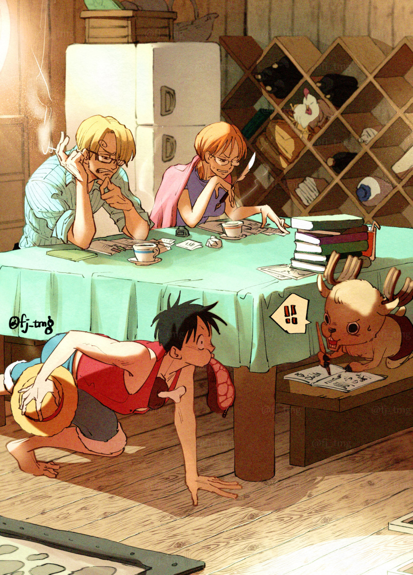 !, !!, 1girl, 3boys, antlers, basket, black_hair, blonde_hair