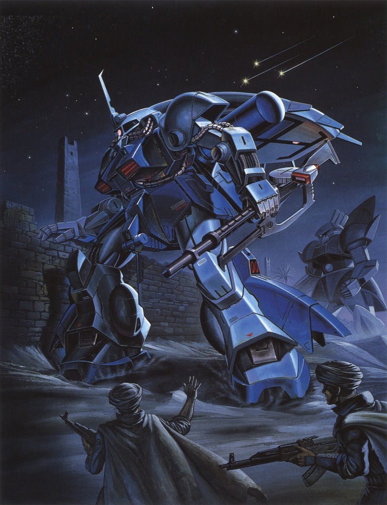 1980s_(style), akm, artist_request, assault_rifle, cape, contrail, desert, flying, gun, gundam, gundam_zz, hizack, hizack_custom, kalashnikov_rifle, machine_gun, mecha, mobile_suit, night, official_art, painting_(medium), radome, realistic, retro_artstyle, rifle, robot, sand, sand_dune, scan, traditional_media, turban, weapon