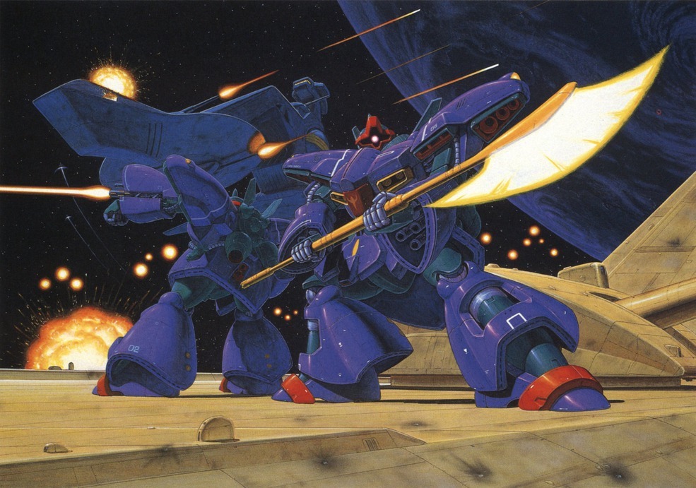 1980s_(style), arm_cannon, artist_request, battle, beam_axe, concept_art, damaged, dirty