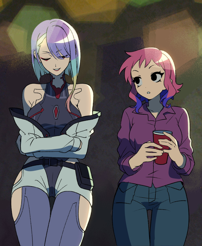 2girls, closed_eyes, crossed_arms, crossover, cyberpunk, cyberpunk_(series), cyberpunk_2077, cyberpunk_edgerunners