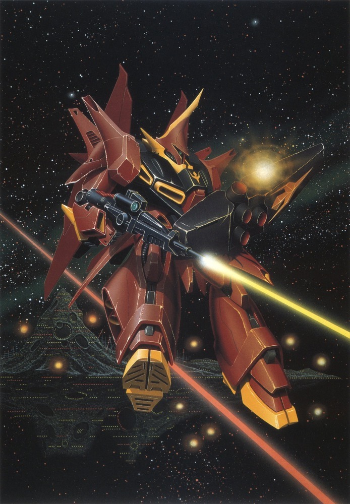 1980s_(style), bawoo, beam_rifle, energy_gun, firing, gundam, gundam_zz, hasegawa_masayuki