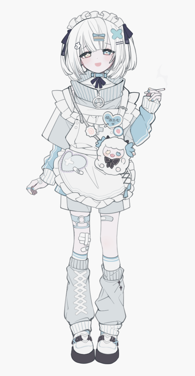 1girl, apron, bandaid, bandaid_on_hand, bandaid_on_knee, bandaid_on_leg, black_ribbon, blue_choker