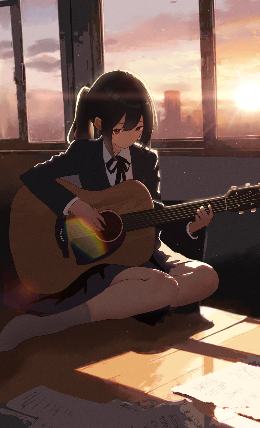 1girl, absurdres, black_hair, black_jacket, black_ribbon, blazer, brown_eyes, closed_mouth, collared_shirt, commentary_request, graduation, grey_skirt, guitar, highres, holding, holding_instrument, indoors, instrument, jacket, k-on!, kneehighs, kotha_art, long_hair, music, nakano_azusa, neck_ribbon, playing_instrument, pleated_skirt, ribbon, sakuragaoka_high_school_uniform, scenery, school_uniform, shirt, sitting, skirt, socks, solo, sunset, twintails, white_shirt, white_socks, winter_uniform
