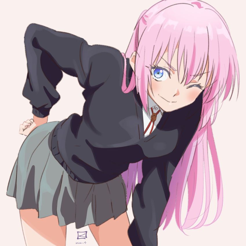 1girl, black_sweater, blue_eyes, grey_skirt, highres, kawaii_dake_ja_nai_shikimori-san, leaning_forward, long_hair