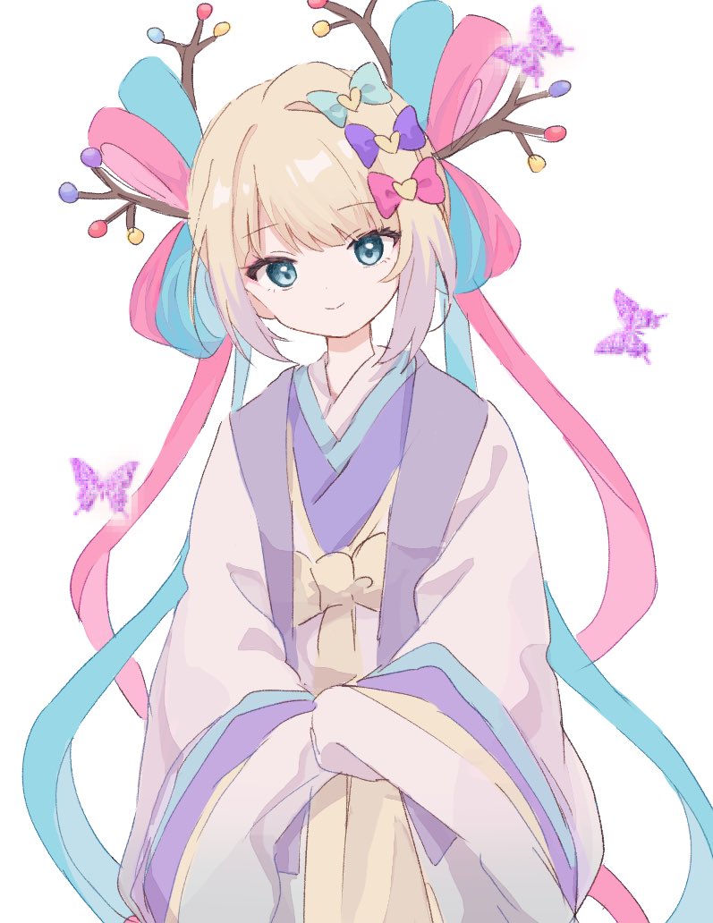 1girl, blonde_hair, blue_bow, blue_eyes, blue_hair, blunt_bangs, bow, branch