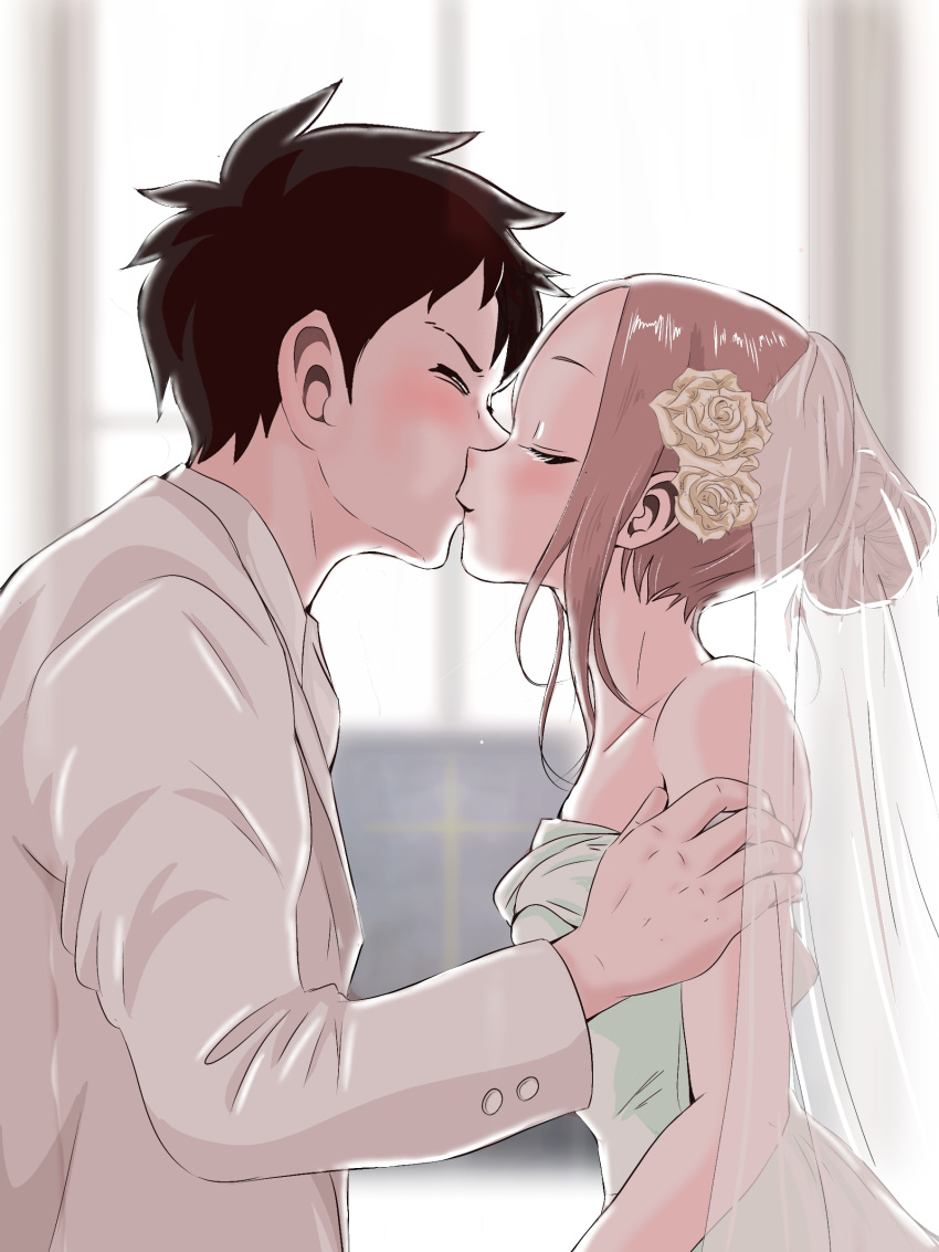 1boy, 1girl, absurdres, bare_shoulders, bridal_veil, collarbone, commentary_request, dress