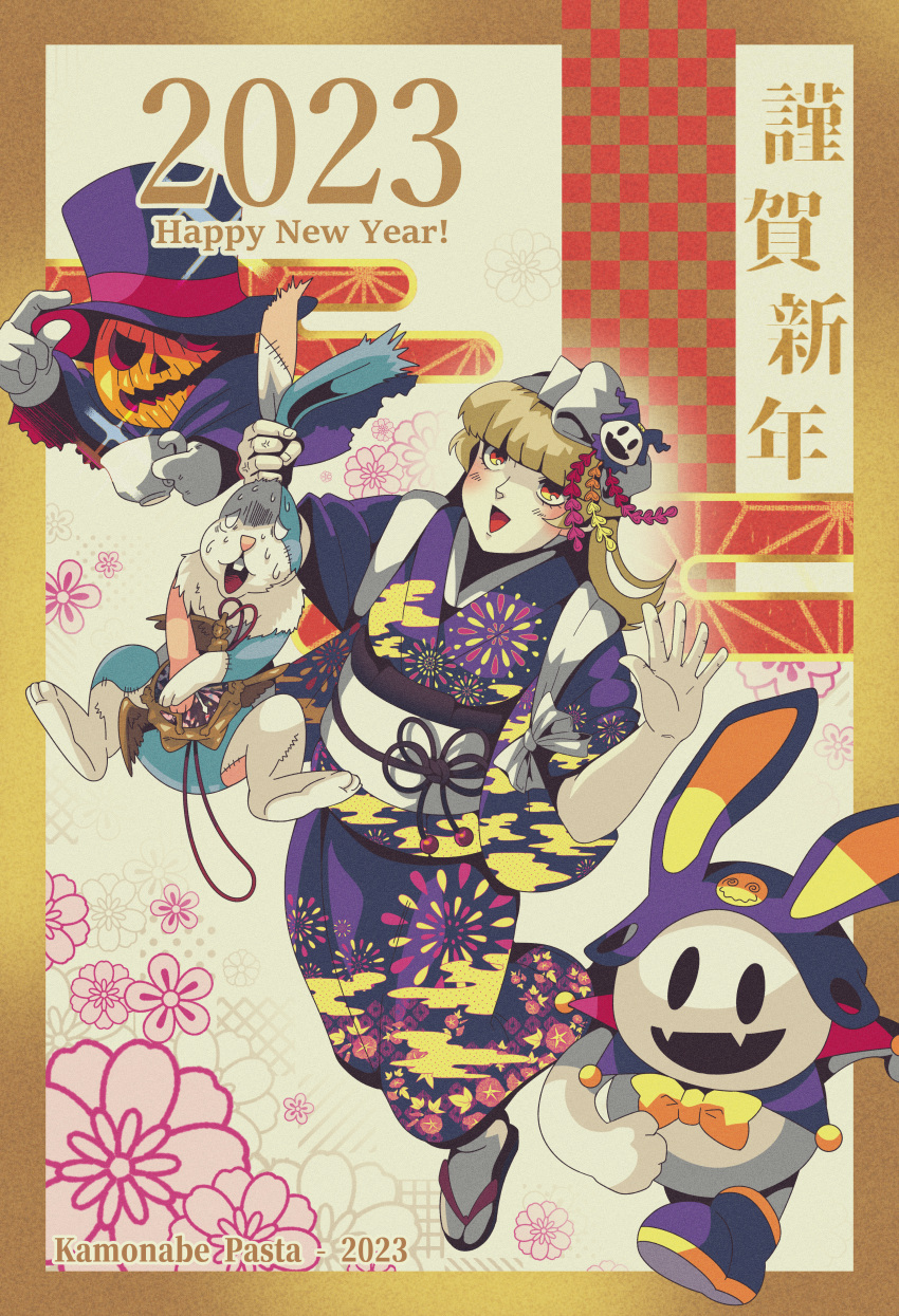 1girl, 2023, 2boys, :d, absurdres, alice_(megami_tensei), alternate_costume, animal_ears, artist_name, blonde_hair, blunt_bangs, border, chinese_zodiac, cup, duckpasta, floral_print, flower, full_body, hair_ornament, hair_ribbon, hairband, happy_new_year, hat, highres, holding, holding_cup, jack-o'-lantern, jack_frost, japanese_clothes, kimono, long_hair, multiple_boys, nengajou, new_year, obi, open_mouth, print_kimono, pumpkin, pyro_jack, rabbit, rabbit_ears, ribbon, sandals, sash, shin_megami_tensei, signature, smile, smiley_face, tabi, year_of_the_rabbit, yellow_eyes, zouri