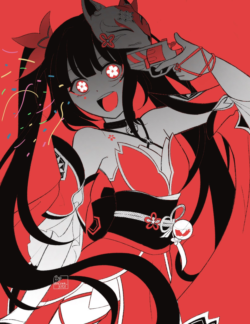 1girl, :d, bare_shoulders, black_choker, black_hair, bow, choker, confetti, cowboy_shot, crazy_eyes, dress, english_commentary, flat_color, flower-shaped_pupils, fox_mask, glowing, glowing_eyes, gun, gun_to_head, hair_bow, highres, holding, holding_gun, holding_weapon, honkai:_star_rail, honkai_(series), kira_yu_(kirara_3701), limited_palette, long_hair, looking_at_viewer, mask, mask_on_head, obi, open_mouth, pink_eyes, red_background, red_bow, red_dress, revolver, sash, simple_background, sleeveless, sleeveless_dress, smile, snubnosed_revolver, solo, sparkle_(honkai:_star_rail), symbol-shaped_pupils, teeth, twintails, upper_teeth_only, weapon