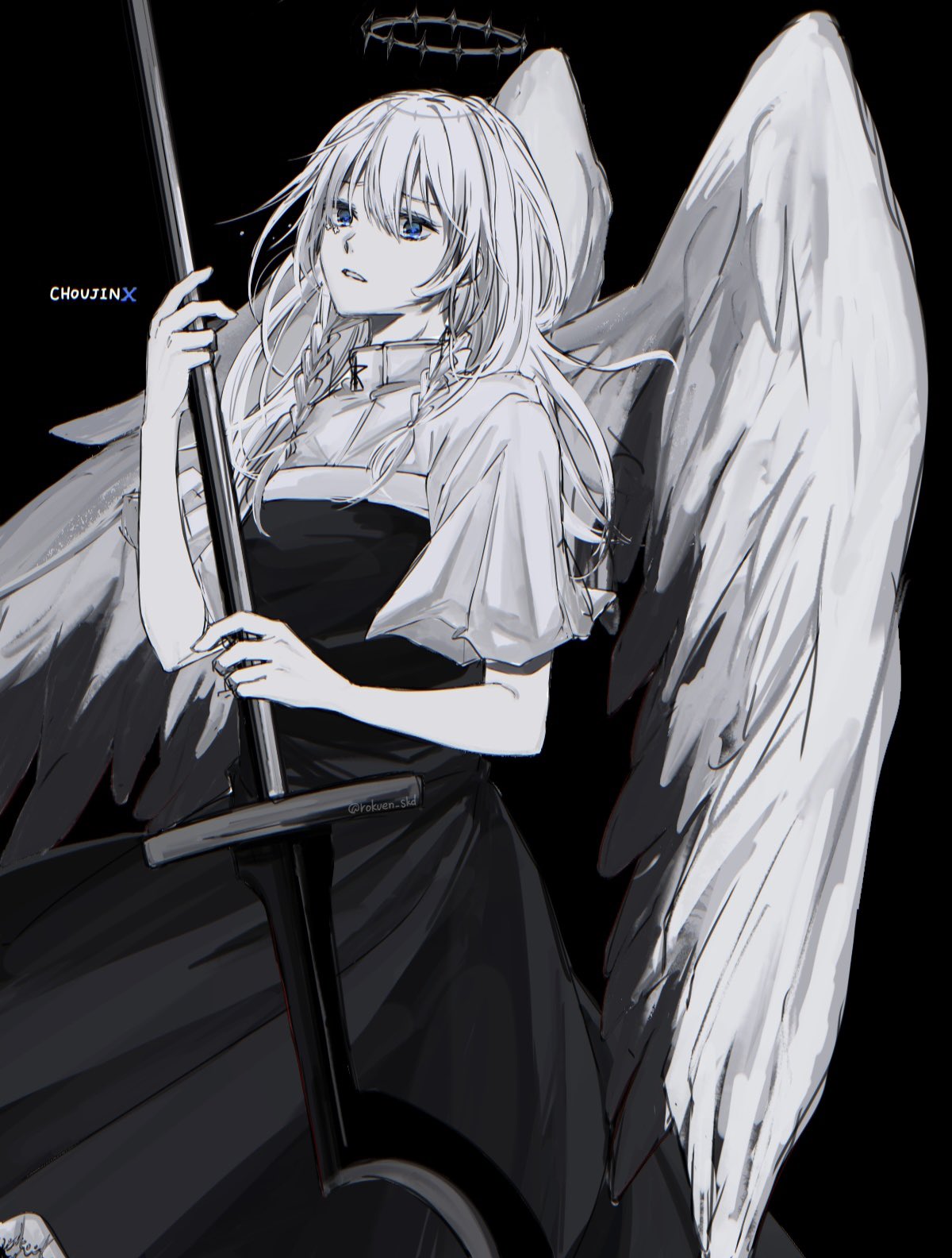 1girl, angel_wings, black_background, black_halo, blue_eyes, choujin_x, facial_tattoo, feathered_wings, halo, highres, holding, holding_sword, holding_weapon, long_hair, looking_at_viewer, nun, rokuen_skd, shiruha_sora_(choujin_x), sword, tattoo, weapon, white_hair, wings