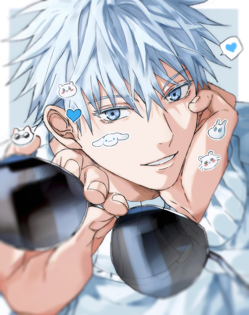 1boy, absurdres, blue_background, blue_eyes, blurry, border, cat_face_sticker, depth_of_field