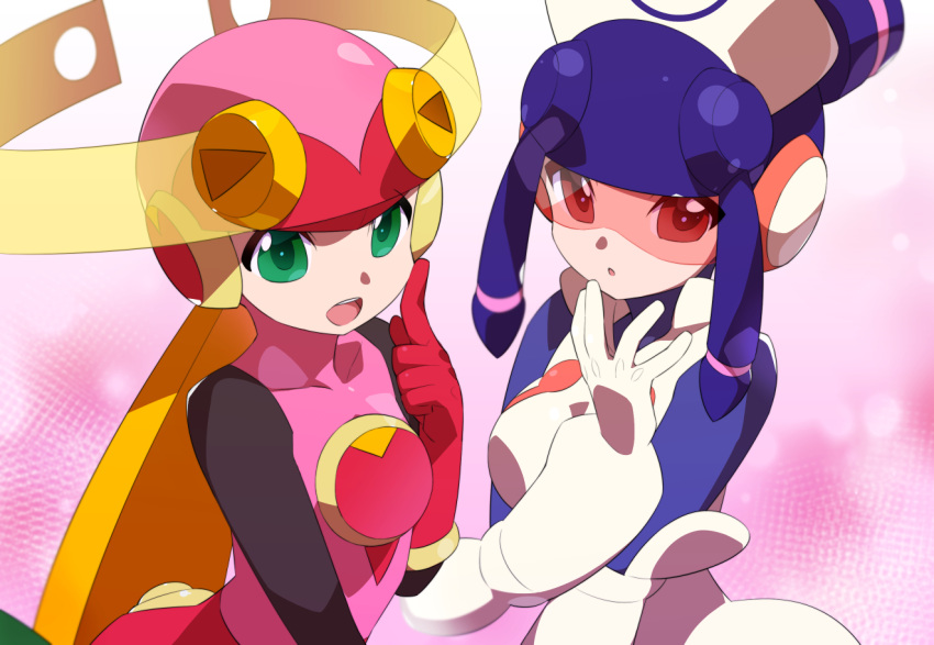 2girls, bodysuit, breasts, emblem, gloves, green_eyes, hat, head-mounted_display
