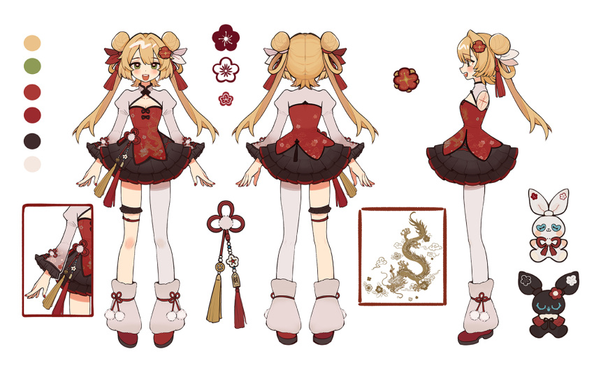 1girl, :d, arms_at_sides, blonde_hair, china_dress, chinese_clothes, chinese_knot, color_guide