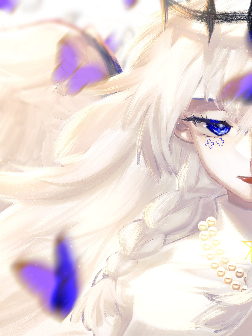 1girl, angel, angel_wings, black_halo, blue_butterfly, blue_eyes, braid, bug