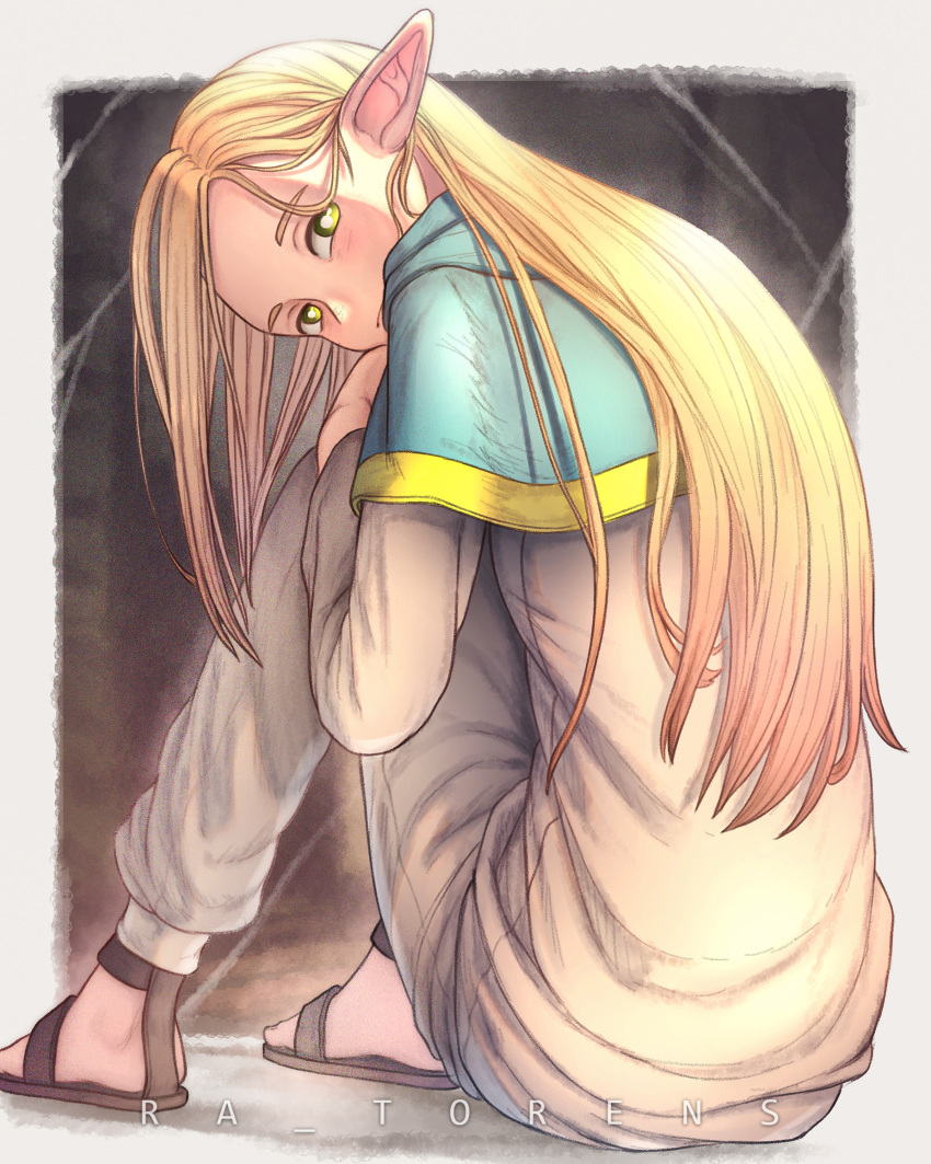 1girl, absurdres, artist_name, blonde_hair, blue_capelet, blurry, blurry_background, blush