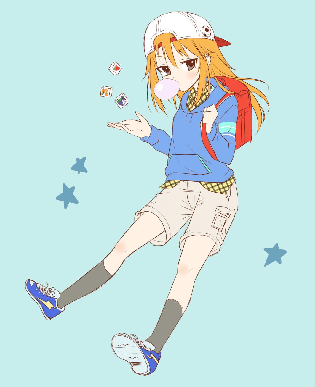 1girl, backpack, backwards_hat, bag, blue_background, blue_footwear, blue_hoodie, brown_shorts, checkered_clothes, checkered_shirt, chewing_gum, commentary_request, dice, flat_chest, food, fruit, full_body, grapes, grey_eyes, grey_socks, hair_between_eyes, hand_up, hat, hibiki_tohru, highres, holding_strap, hood, hoodie, idolmaster, idolmaster_cinderella_girls, legs, light_blush, long_hair, long_sleeves, looking_at_viewer, orange_(fruit), orange_hair, randoseru, red_bag, shirt, shoes, shorts, sidelocks, sneakers, socks, solo, star_(symbol), strawberry, thighs, white_headwear, yuuki_haru
