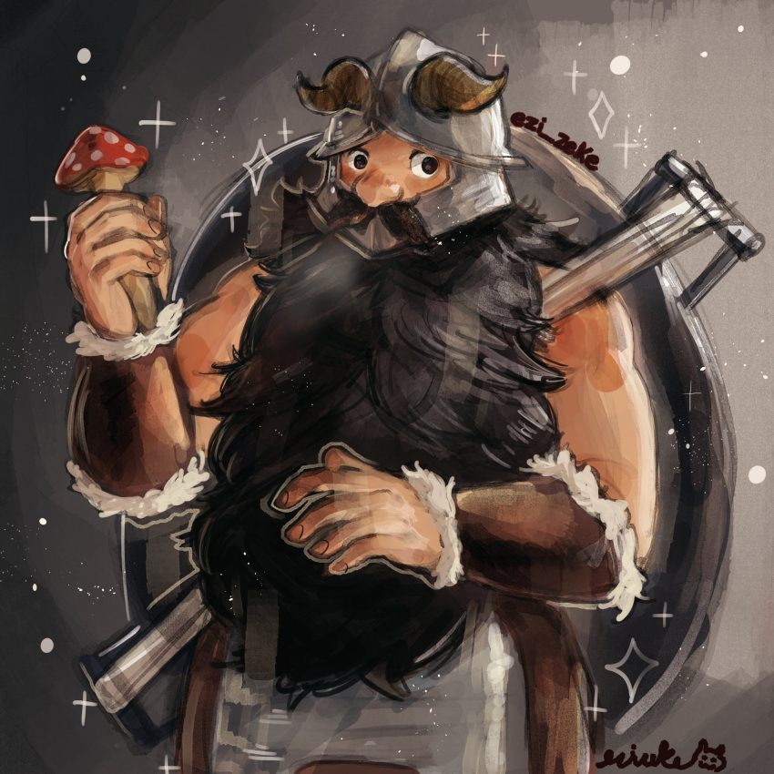 1boy, bare_shoulders, beard, brown_hair, cowboy_shot, dungeon_meshi, dwarf, ezizekekiel, facial_hair, fake_horns, helmet, highres, holding, holding_behind_back, horned_helmet, horns, long_beard, looking_to_the_side, male_focus, mushroom, senshi_(dungeon_meshi), solo, sparkling_aura, standing, thick_mustache, very_long_beard, wok