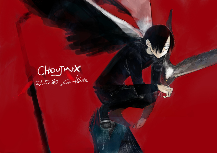 1boy, absurdres, bird, bird_on_hand, black_hair, black_pants, black_shirt, black_wings, choujin_x, eagle, highres, ishida_sui, kurohara_tokio_(choujin_x), masamune_(choujin_x), official_art, pants, perching, red_background, shirt, signature, simple_background, smoke, tower, wings