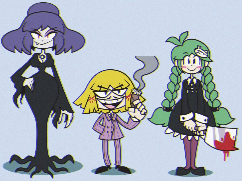 3girls, addams_family, antenna_hair, black_dress, blonde_hair, blood, blood_on_weapon, braid