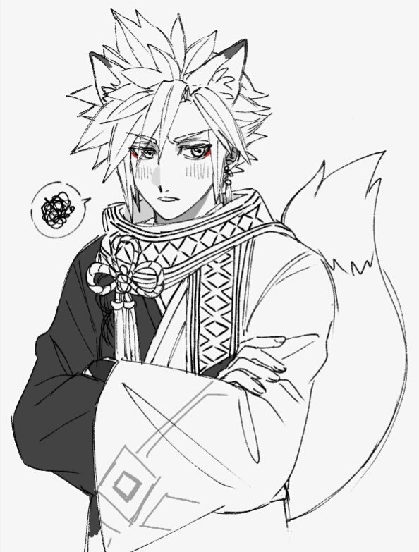 1boy, animal_ears, blush, cloud_strife, cloud_strife_(official_festive_garb), commentary, cropped_torso, dangle_earrings
