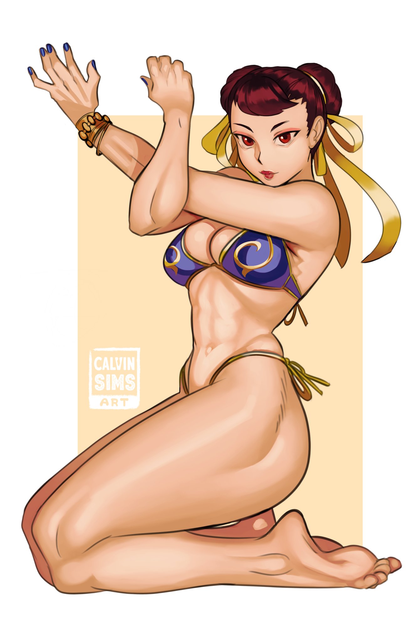1girl, artist_name, ass, bikini, blue_bikini, bracelet, breasts, brown_hair