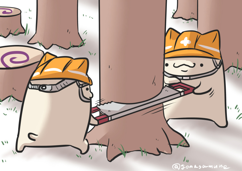 ._., absurdres, closed_mouth, goma_(gomasamune), hard_hat, haskap, helmet, highres, holding, no_humans, orange_headwear, original, outdoors, saw, smile, standing, tree, twitter_username, two-man_saw