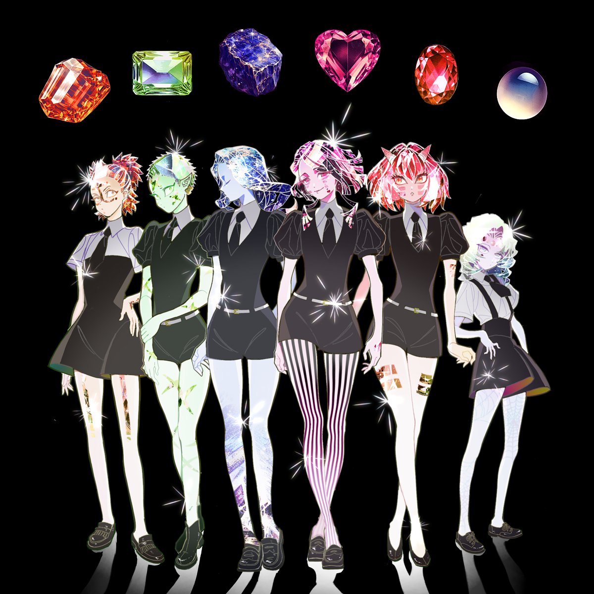 1girl, 5boys, black_background, black_necktie, black_shorts, blue_gemstone, blue_hair, closed_eyes