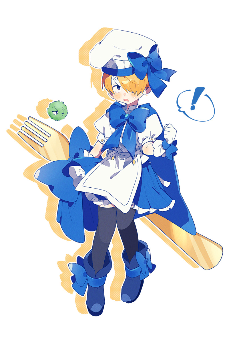 !, 1boy, absurdres, aged_down, apron, black_socks, blonde_hair, blue_bow