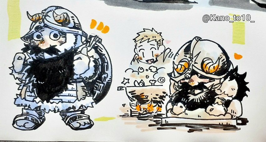 2boys, beard, brown_hair, chibi, collage, dungeon_meshi, dwarf, facial_hair