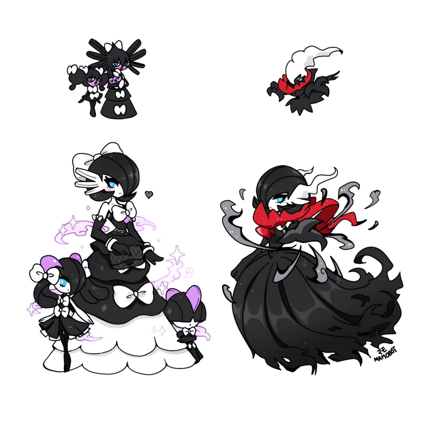 4girls, alternate_hair_color, artist_name, black_dress, black_gloves, black_hair, black_pantyhose, blue_eyes