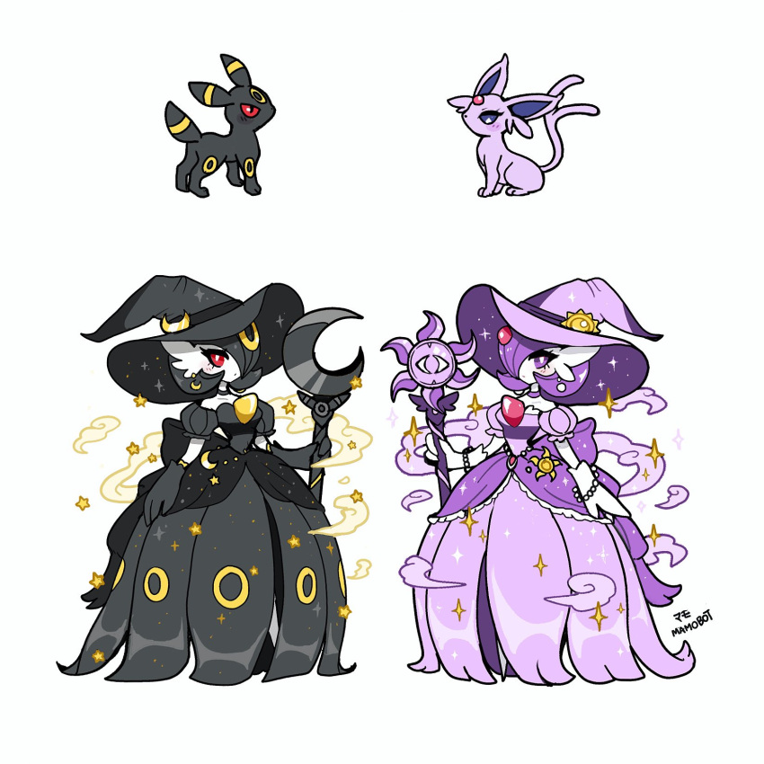 2girls, alternate_hair_color, bead_necklace, beads, black_dress, black_gloves, black_hair, choker, color_coordination, commentary, cosplay, crescent, crescent_earrings, crescent_hair_ornament, crescent_hat_ornament, dress, earrings, english_commentary, espeon, espeon_(cosplay), forked_tail, full_body, gardevoir, gloves, hair_ornament, hair_over_one_eye, hat, hat_ornament, highres, jewelry, looking_at_viewer, mamobot, multiple_girls, necklace, one_eye_covered, pokemon, pokemon_(creature), puffy_short_sleeves, puffy_sleeves, purple_dress, purple_headwear, red_eyes, short_sleeves, simple_background, smoke, sparkle, staff, standing, sun_hair_ornament, sun_hat_ornament, sun_ornament, sun_symbol, tail, umbreon, umbreon_(cosplay), violet_eyes, white_background, white_gloves, witch_hat