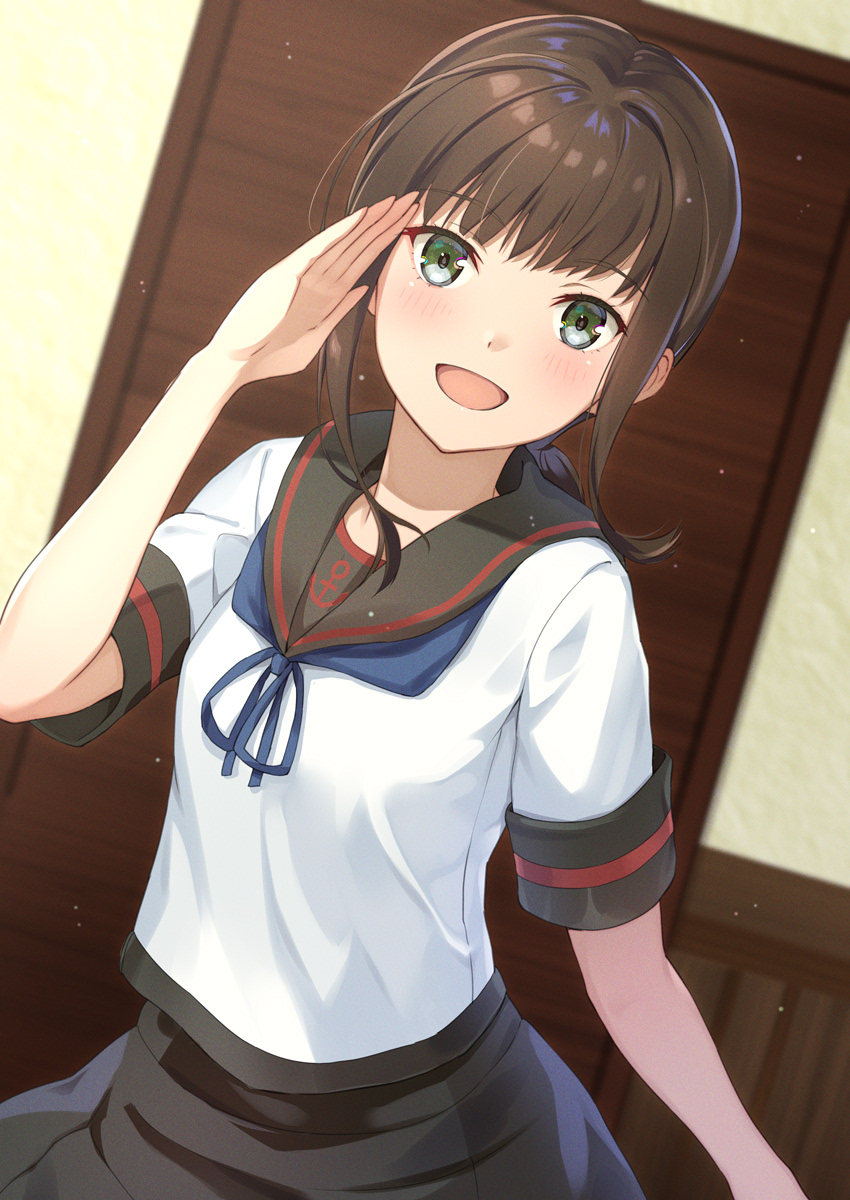 1girl, :d, black_sailor_collar, black_skirt, blue_neckerchief, blush, brown_hair, commentary_request