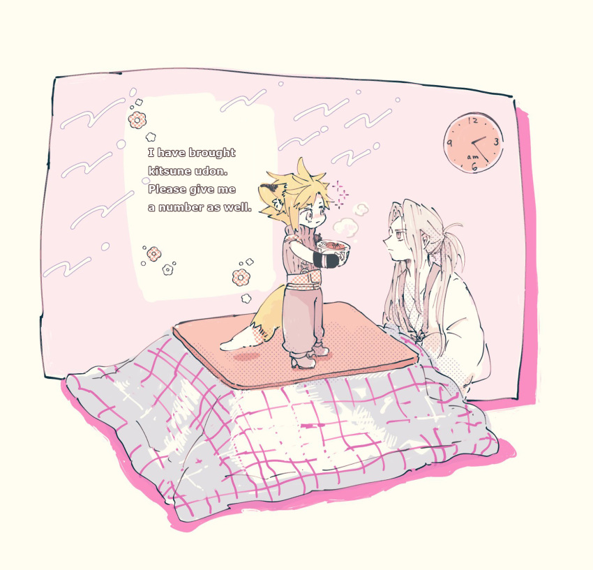 2boys, alternate_costume, alternate_hairstyle, animal_ears, belt, black_gloves, blanket, blonde_hair, boots, bowl, brown_eyes, clock, cloud_strife, commentary, donbee_(food), donbee_kitsune_udon, english_text, expressionless, final_fantasy, final_fantasy_vii, final_fantasy_vii_remake, flower, fox_boy, fox_ears, fox_tail, gloves, grey_hair, hands_up, hard-translated, highres, holding, holding_bowl, instant_udon, japanese_clothes, kimono, kotatsu, long_bangs, long_hair, long_sleeves, looking_at_another, male_focus, multiple_boys, nishimi_zaki, on_table, pants, parted_bangs, pastel_colors, pink_background, ponytail, puffy_pants, purple_sweater, sephiroth, short_hair, sitting, sleeveless, sleeveless_sweater, sleeveless_turtleneck, standing, steam, suspenders, sweater, table, tail, third-party_edit, turtleneck, turtleneck_sweater, under_kotatsu, under_table, white_kimono