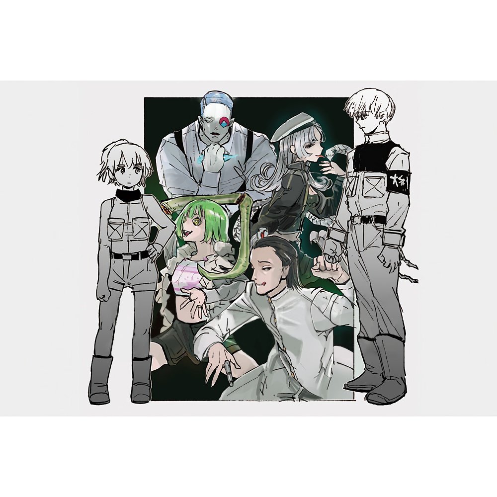 arthropod_girl, black_hair, chain, choujin_x, cuffs, finger_gun, height_difference, higashi_azuma_(choujin_x), i._c._ice, ice, ishida_sui, jing_(choujin_x), midriff, military_uniform, minami_tawashi, multiple_boys, multiple_girls, official_art, otta_ely_(choujin_x), shackles, snake, symbol-shaped_pupils, tsumuji_nari_(choujin_x), uniform