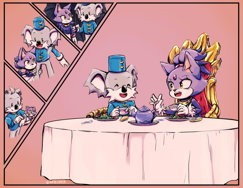 1boy, 1girl, animal_ears, blaze_the_cat, blue_headwear, cat_ears, cat_girl, closed_eyes